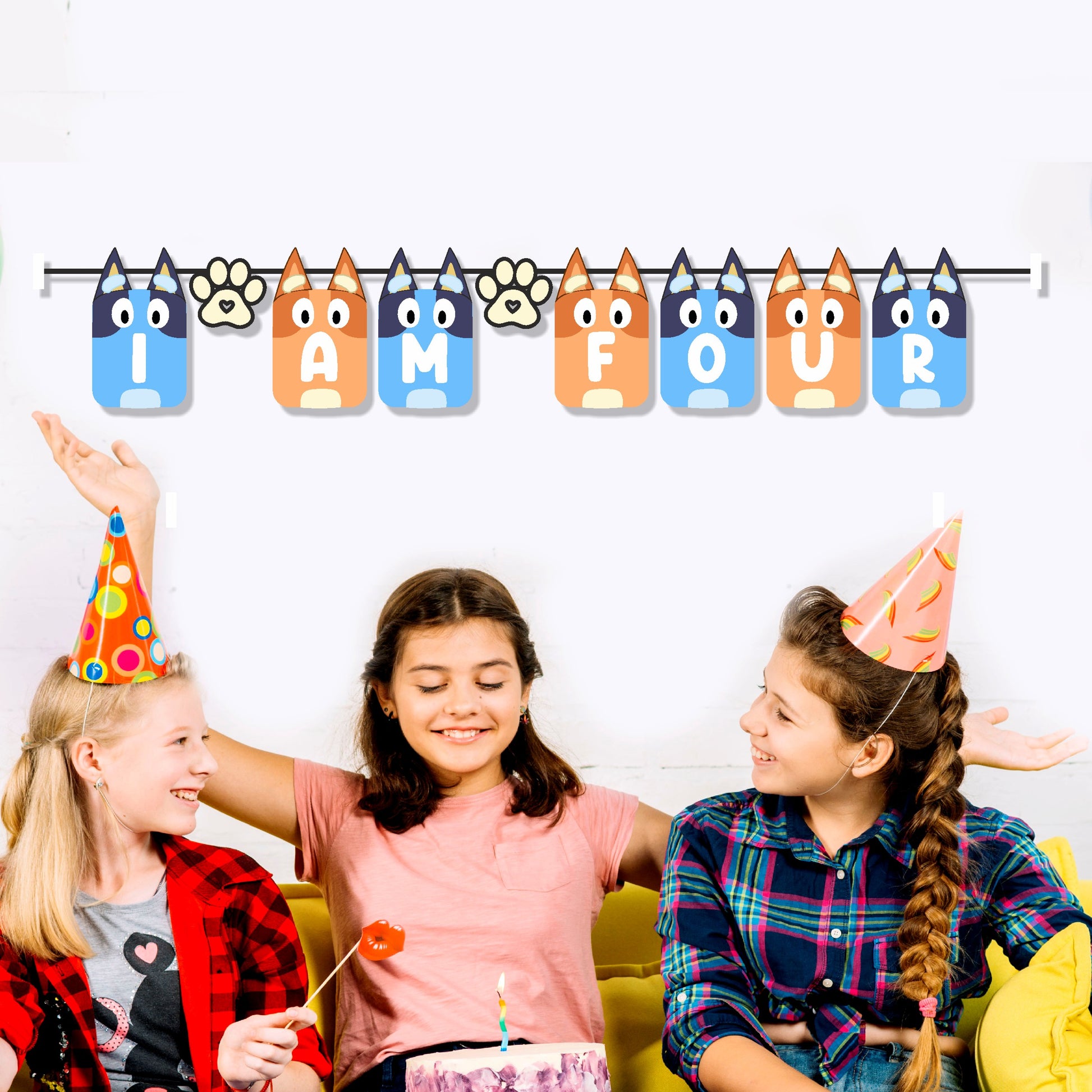 Bluey and Bingo themed birthday age number bunting showing milestone birthday year on 300GSM artboard flags, pre-strung for Bluey party decoration – BluParty India