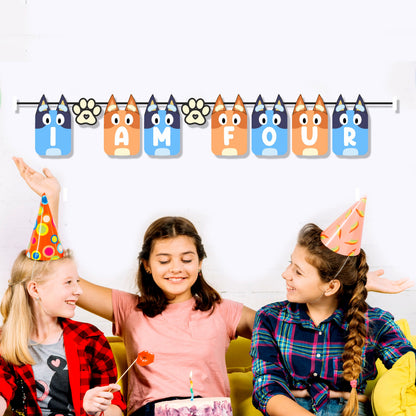 Bluey and Bingo themed birthday age number bunting showing milestone birthday year on 300GSM artboard flags, pre-strung for Bluey party decoration – BluParty India