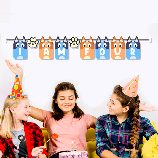 Bluey and Bingo themed birthday age number bunting showing milestone birthday year on 300GSM artboard flags, pre-strung for Bluey party decoration – BluParty India