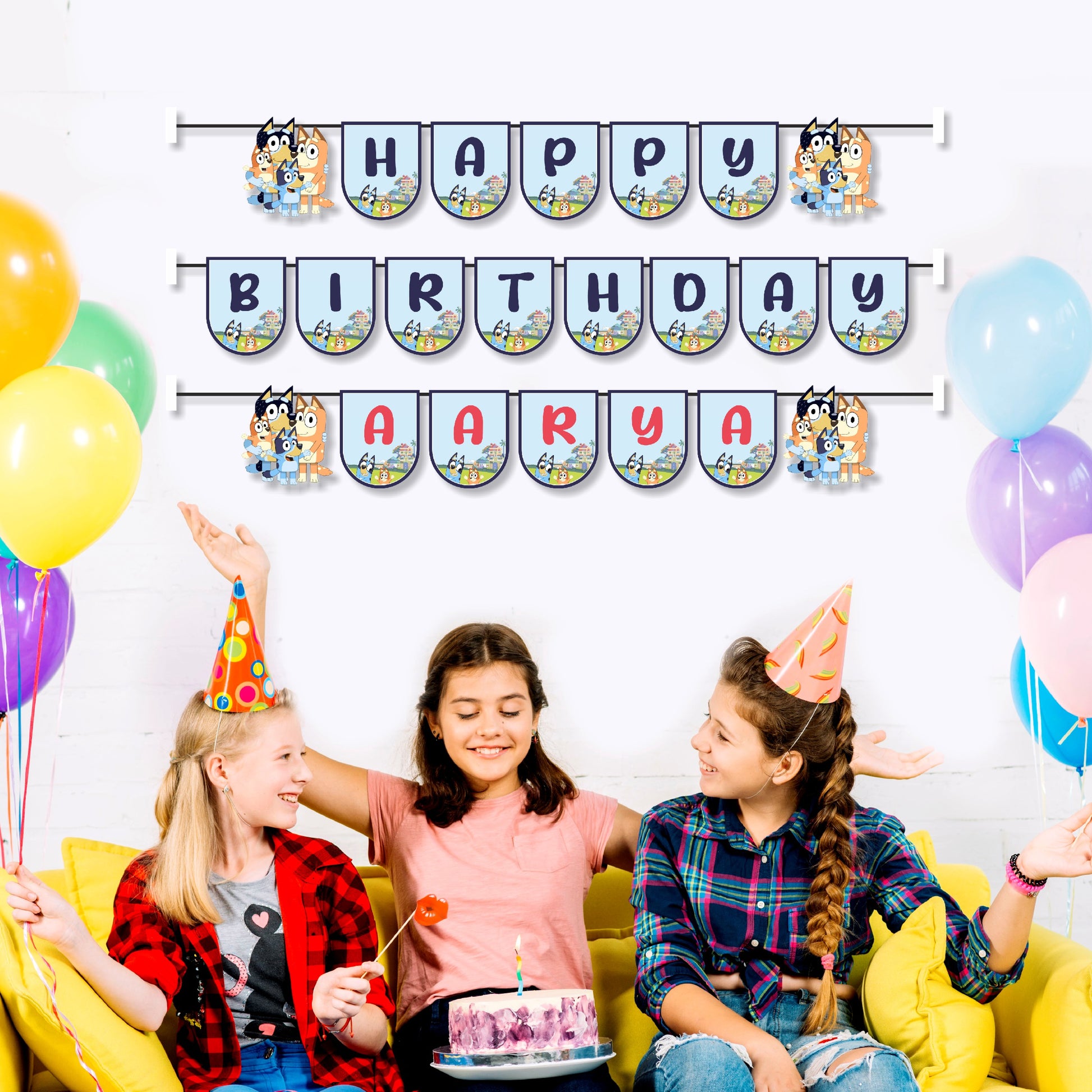 Bluey and Bingo themed personalised name bunting with child's name printed on 300GSM artboard flags, pre-strung with ribbon for birthday party wall decoration – BluParty India