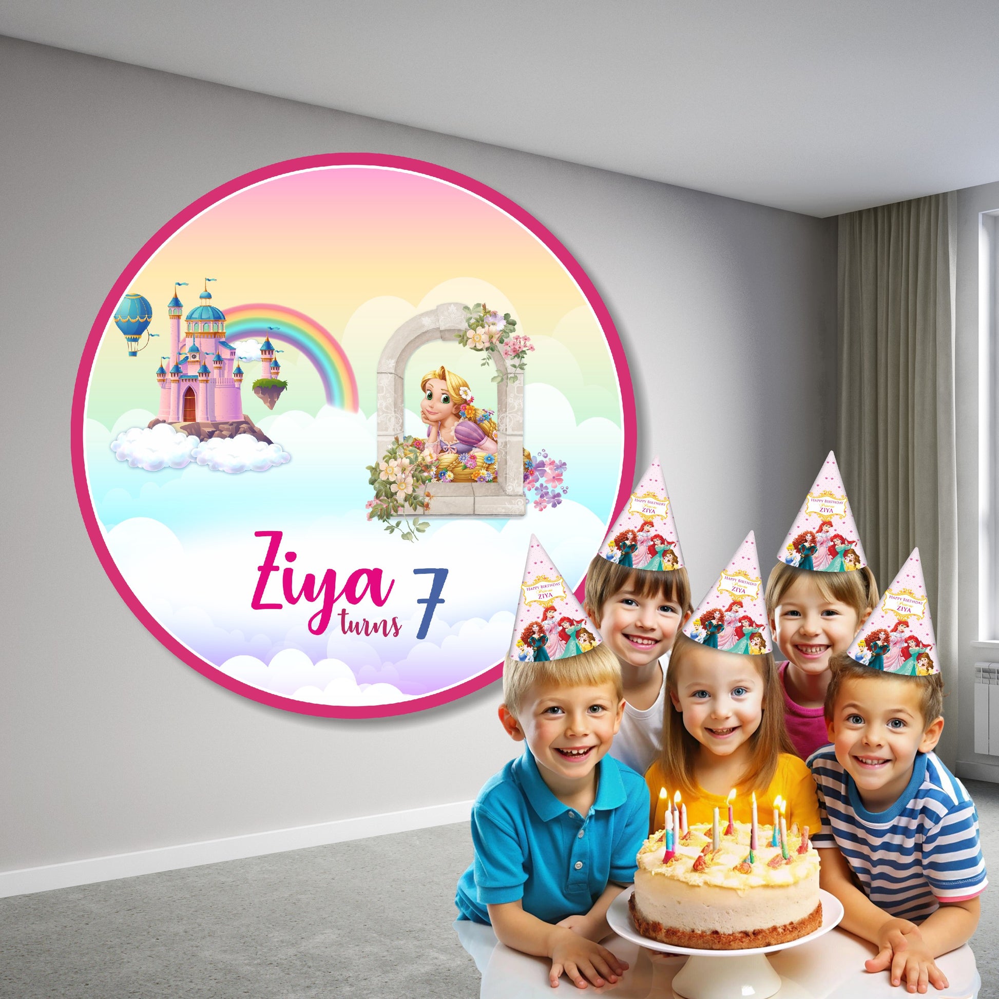 Classic princess circle birthday banner with crown and castle design personalized with child name in pink and gold for birthday party decoration India
