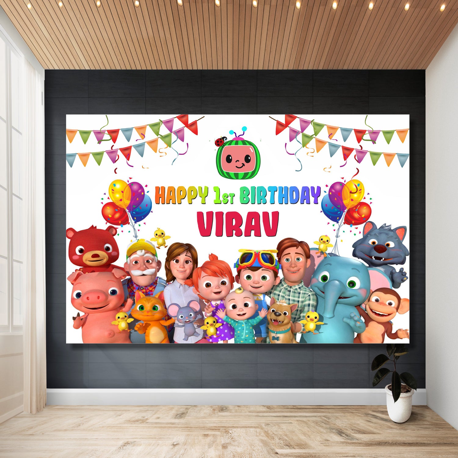 Cocomelon birthday backdrop personalised with child's name and age, featuring JJ Cocomelon character artwork on premium flex print party banner — 3 sizes from ₹849 – BluParty India