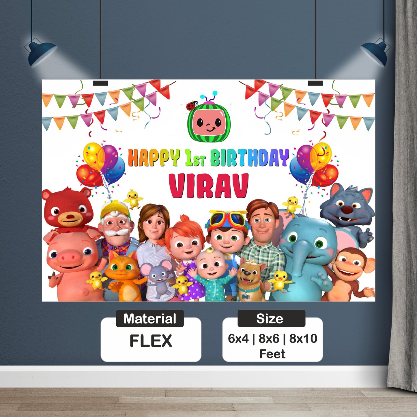 Close-up of personalised Cocomelon birthday backdrop showing child's name and age with JJ Cocomelon character artwork on premium flex print — BluParty India