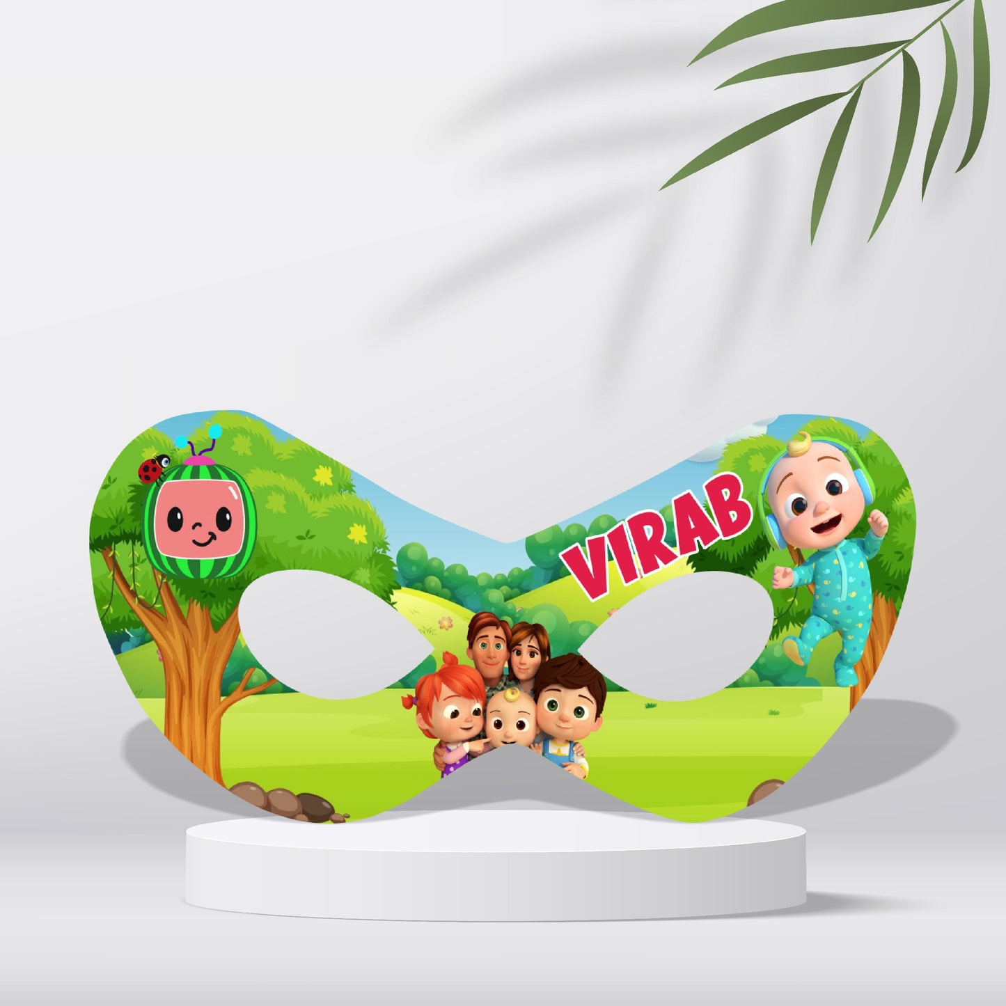 Cocomelon birthday eye mask with JJ character artwork on 300GSM artboard, personalised with child's name and age — packs of 5 or 10 from ₹169, birthday return gift for kids – BluParty India