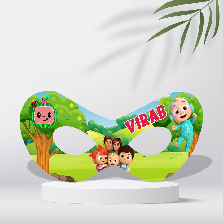 Cocomelon birthday eye mask with JJ character artwork on 300GSM artboard, personalised with child's name and age — packs of 5 or 10 from ₹169, birthday return gift for kids – BluParty India