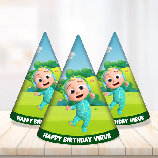 Cocomelon birthday party hat with JJ and friends character artwork on 300GSM artboard cone hat, personalised with child's name and age — packs of 5 or 10 from ₹229 – BluParty India