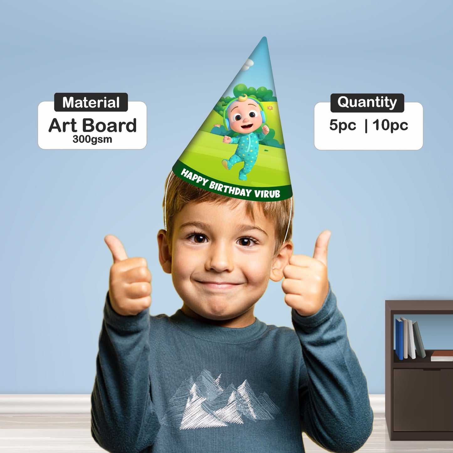 Close-up of personalised Cocomelon birthday party cone hat showing child's name and age with JJ character artwork on premium 300GSM artboard – BluParty India