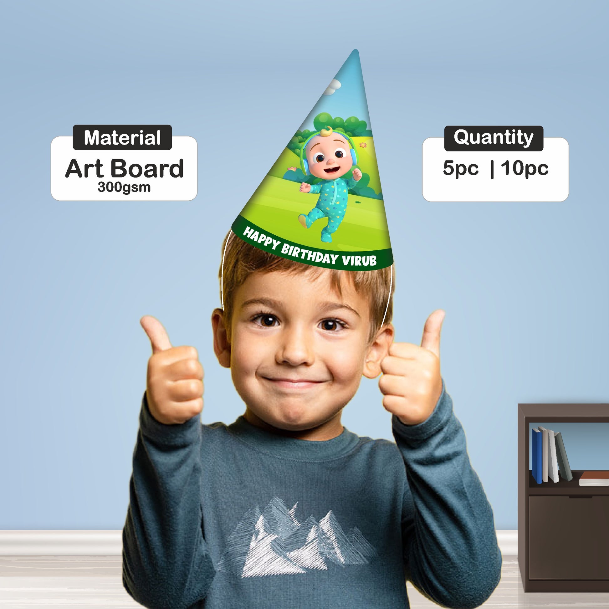 Close-up of personalised Cocomelon birthday party cone hat showing child's name and age with JJ character artwork on premium 300GSM artboard – BluParty India
