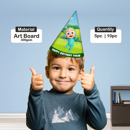 Close-up of personalised Cocomelon birthday party cone hat showing child's name and age with JJ character artwork on premium 300GSM artboard – BluParty India