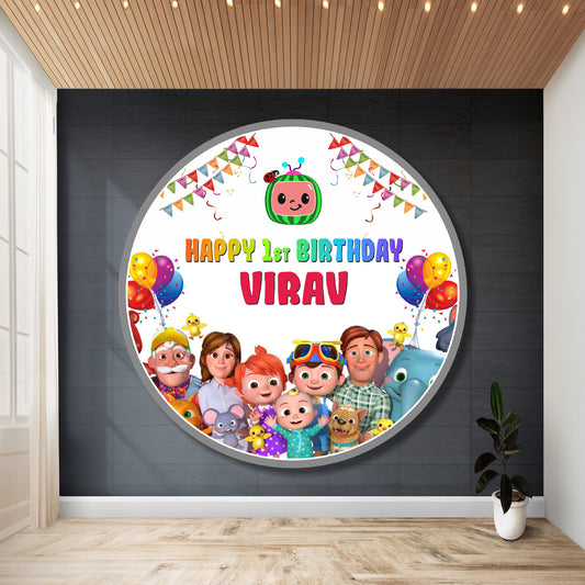 Cocomelon birthday round backdrop circular flex print party banner with Cocomelon character artwork, personalised with child's name and age — 3 round sizes from ₹499 – BluParty India