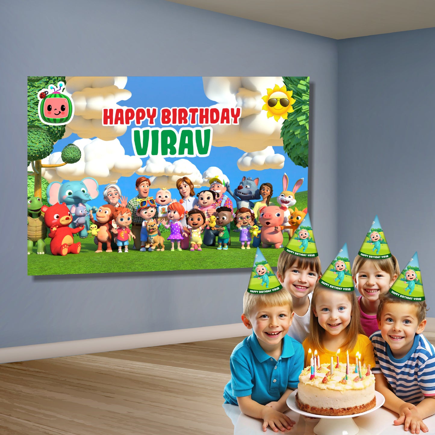 Personalised Cocomelon classic JJ birthday backdrop displayed at a birthday party decoration setup, iconic original JJ Cocomelon party banner – BluParty India