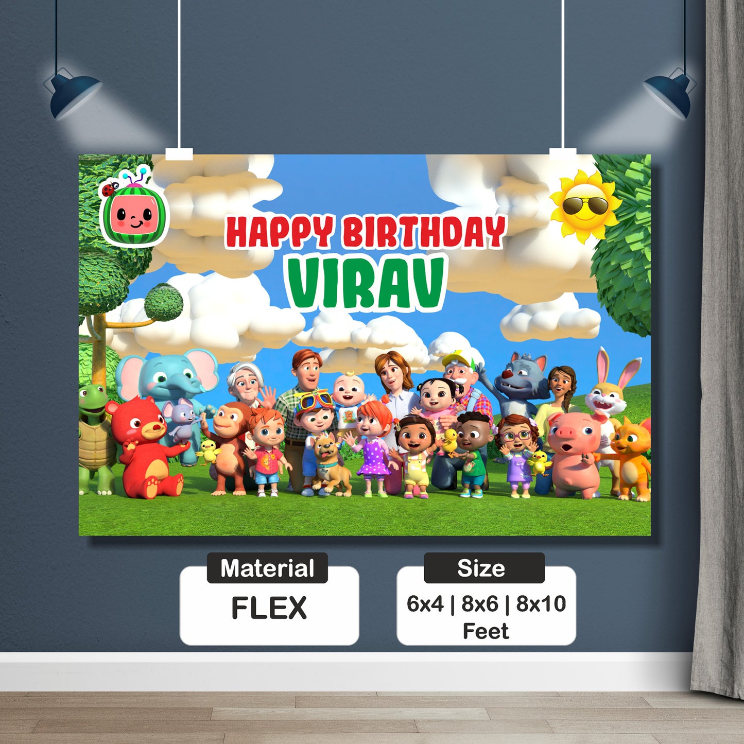 Close-up of personalised Cocomelon classic JJ birthday backdrop showing child's name and age with iconic original JJ character artwork on premium flex print – BluParty India