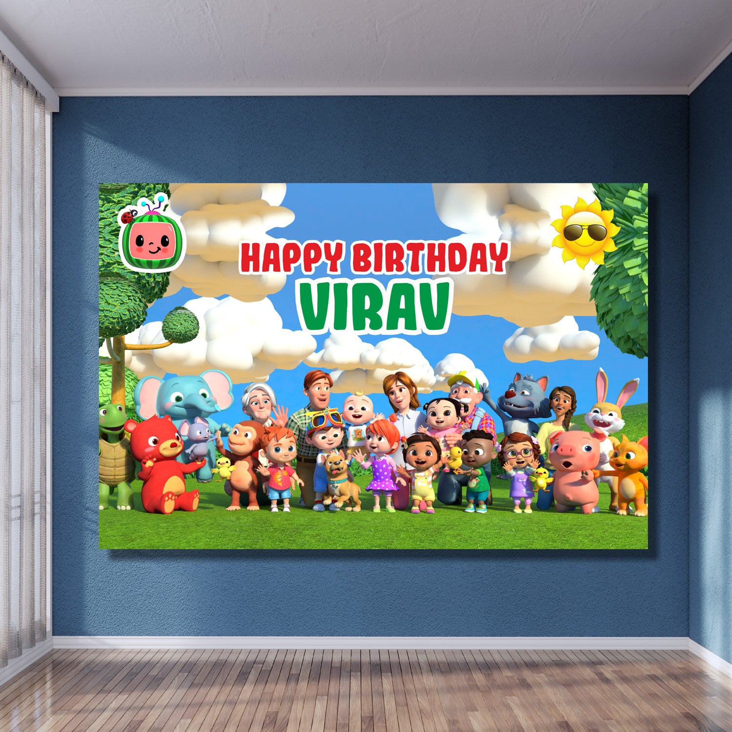 Cocomelon classic JJ birthday backdrop with iconic original JJ character design, personalised with child's name and age on premium flex print party banner — 3 sizes from ₹849 – BluParty India