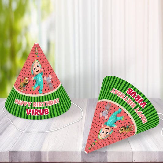 Kids wearing personalised Cocomelon classic JJ birthday cone hats at a Cocomelon birthday party, iconic character party hat as birthday return gift – BluParty India