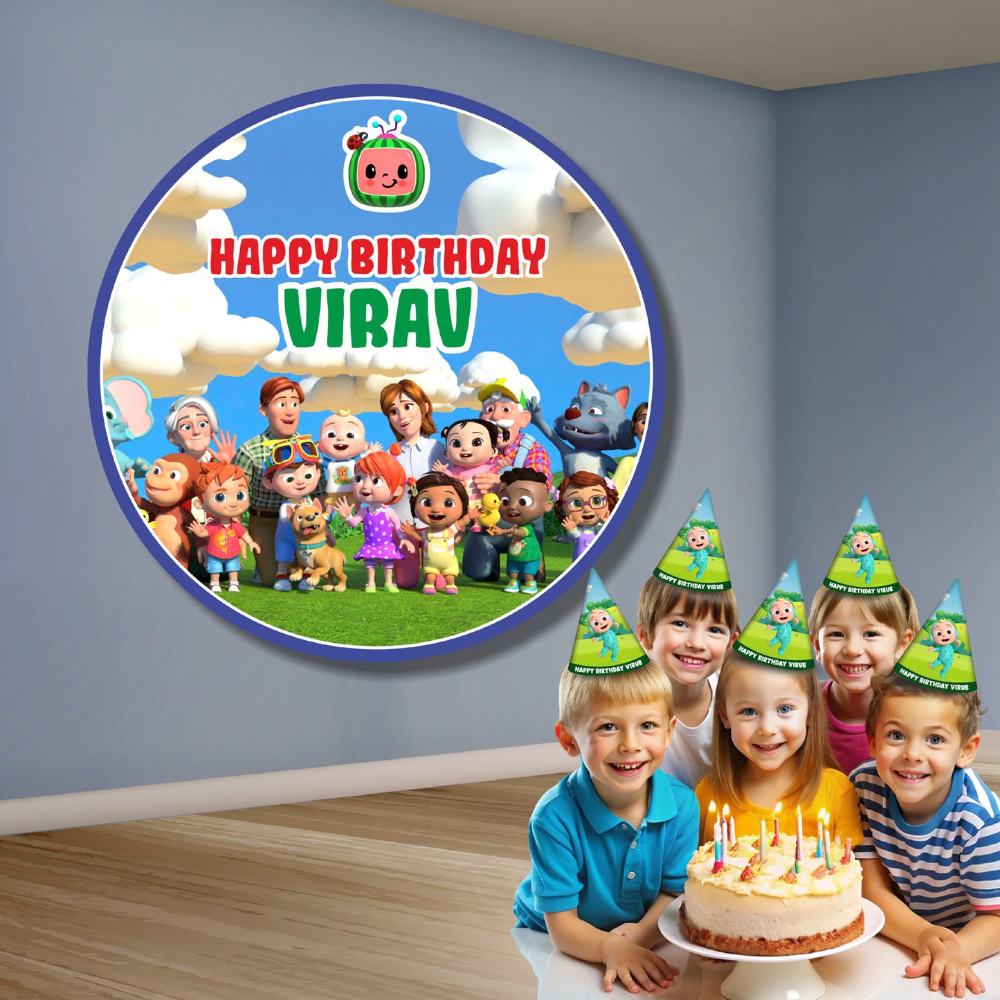 Personalised Cocomelon classic JJ round backdrop with iconic original character artwork displayed at a birthday party decoration setup, circular flex print party banner – BluParty India