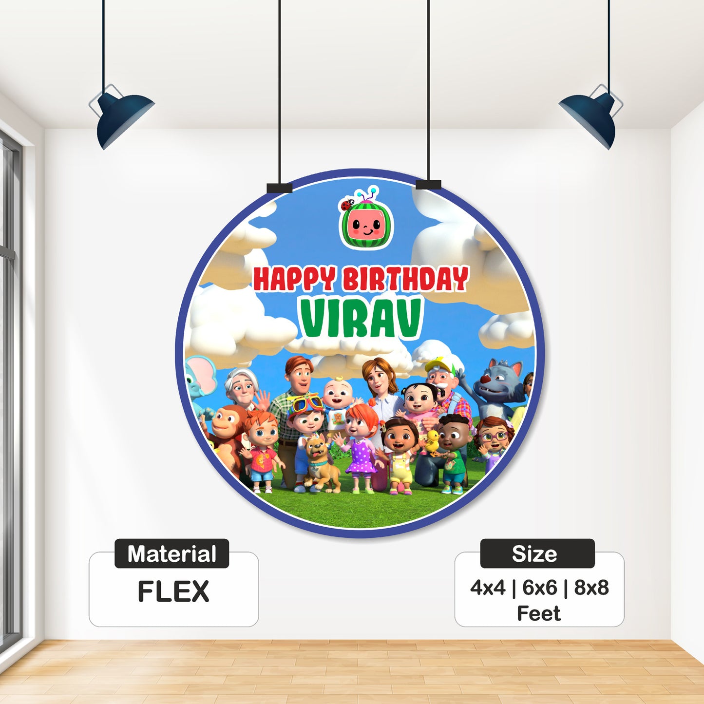 Close-up of personalised Cocomelon classic JJ round birthday backdrop showing child's name and age with iconic original JJ character artwork on circular premium flex print – BluParty India