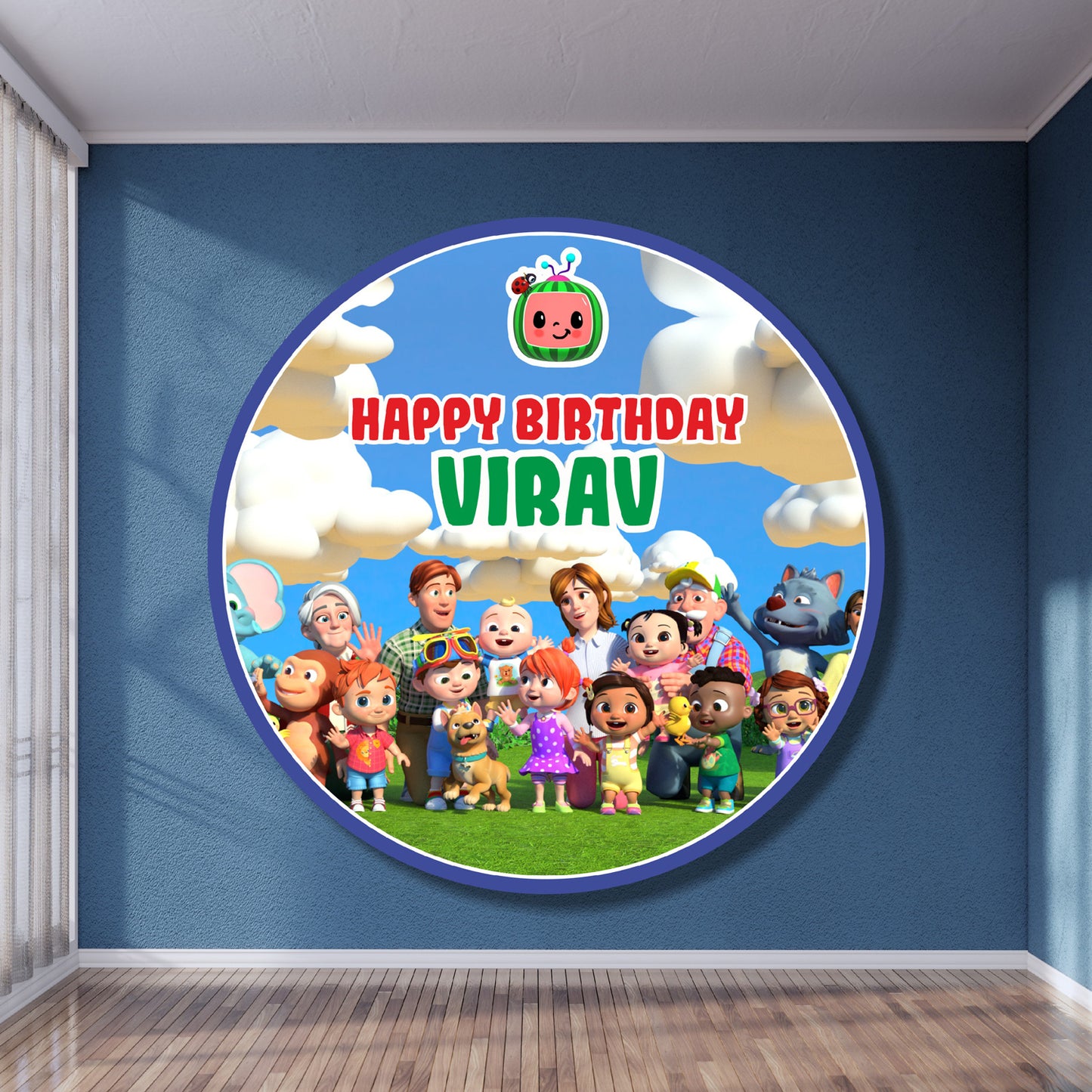 Cocomelon classic JJ round birthday backdrop with iconic original JJ character design on circular flex print, personalised with child's name and age — 3 round sizes from ₹499 – BluParty India