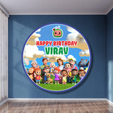Cocomelon classic JJ round birthday backdrop with iconic original JJ character design on circular flex print, personalised with child's name and age — 3 round sizes from ₹499 – BluParty India