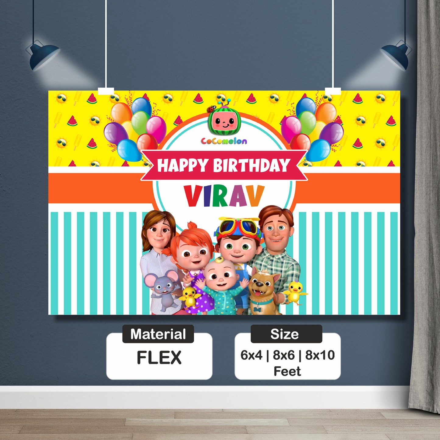 Close-up of personalised Cocomelon custom birthday backdrop showing child's name and age with full JJ family character artwork on premium flex print – BluParty India