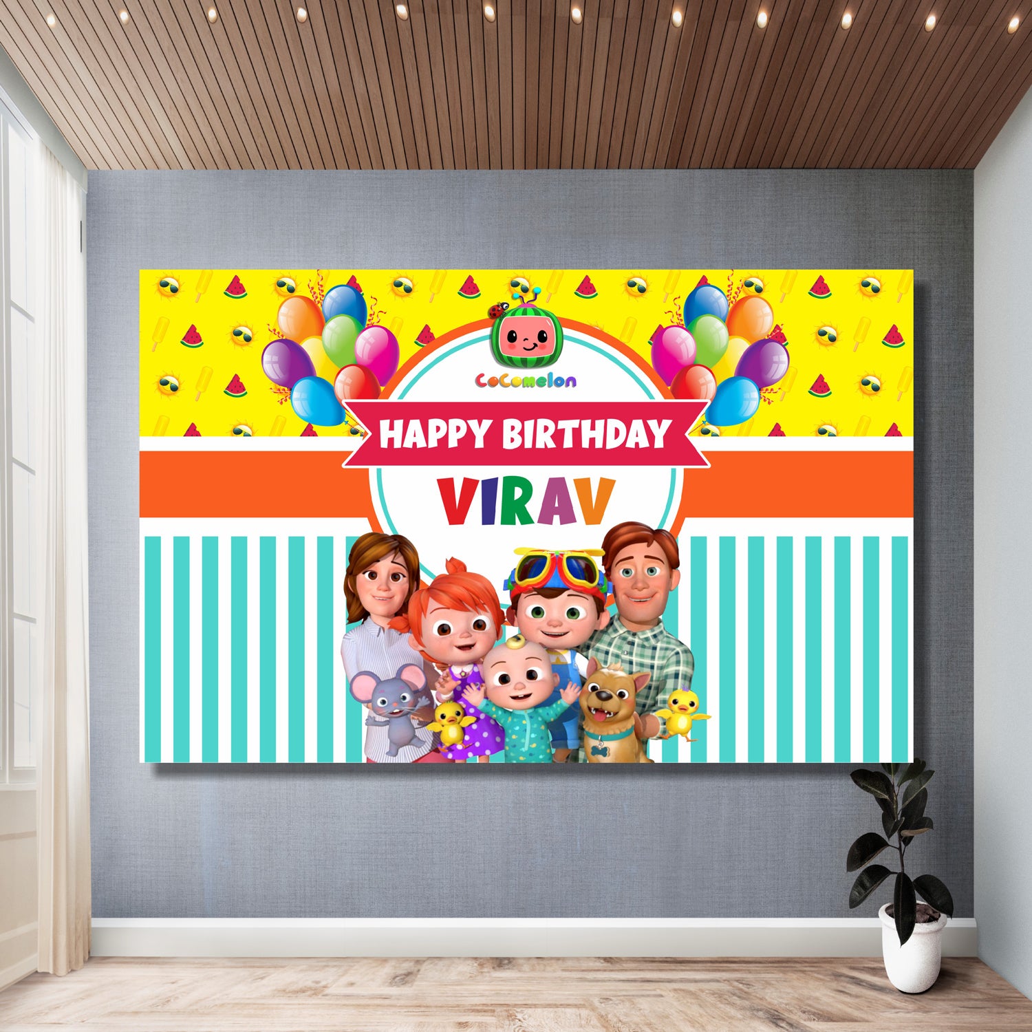 Cocomelon custom birthday backdrop featuring full JJ Cocomelon family character artwork, personalised with child's name and age on premium flex print party banner — 3 sizes from ₹849 – BluParty India