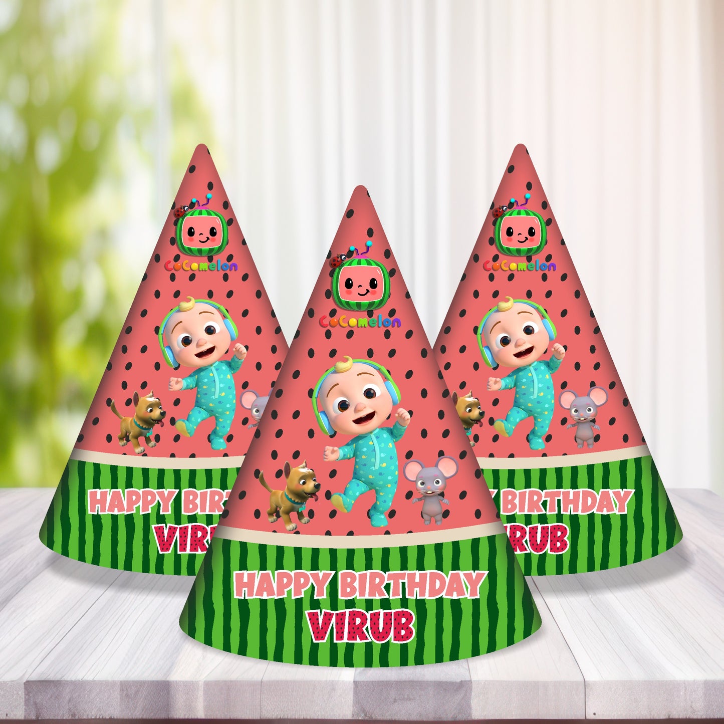 Cocomelon custom birthday hat with iconic classic JJ solo character design on 300GSM artboard cone hat, personalised with child's name and age — packs of 5 or 10 from ₹229 – BluParty India