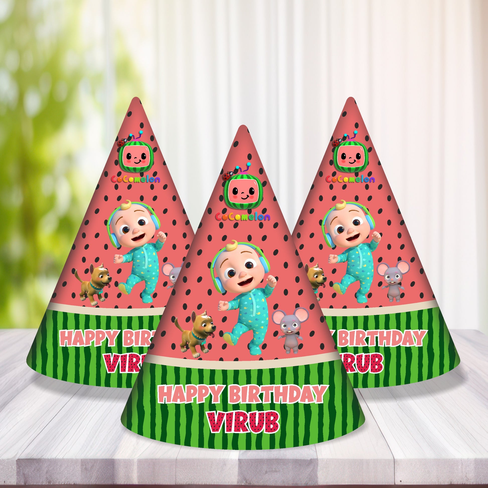 Cocomelon custom birthday hat with iconic classic JJ solo character design on 300GSM artboard cone hat, personalised with child's name and age — packs of 5 or 10 from ₹229 – BluParty India