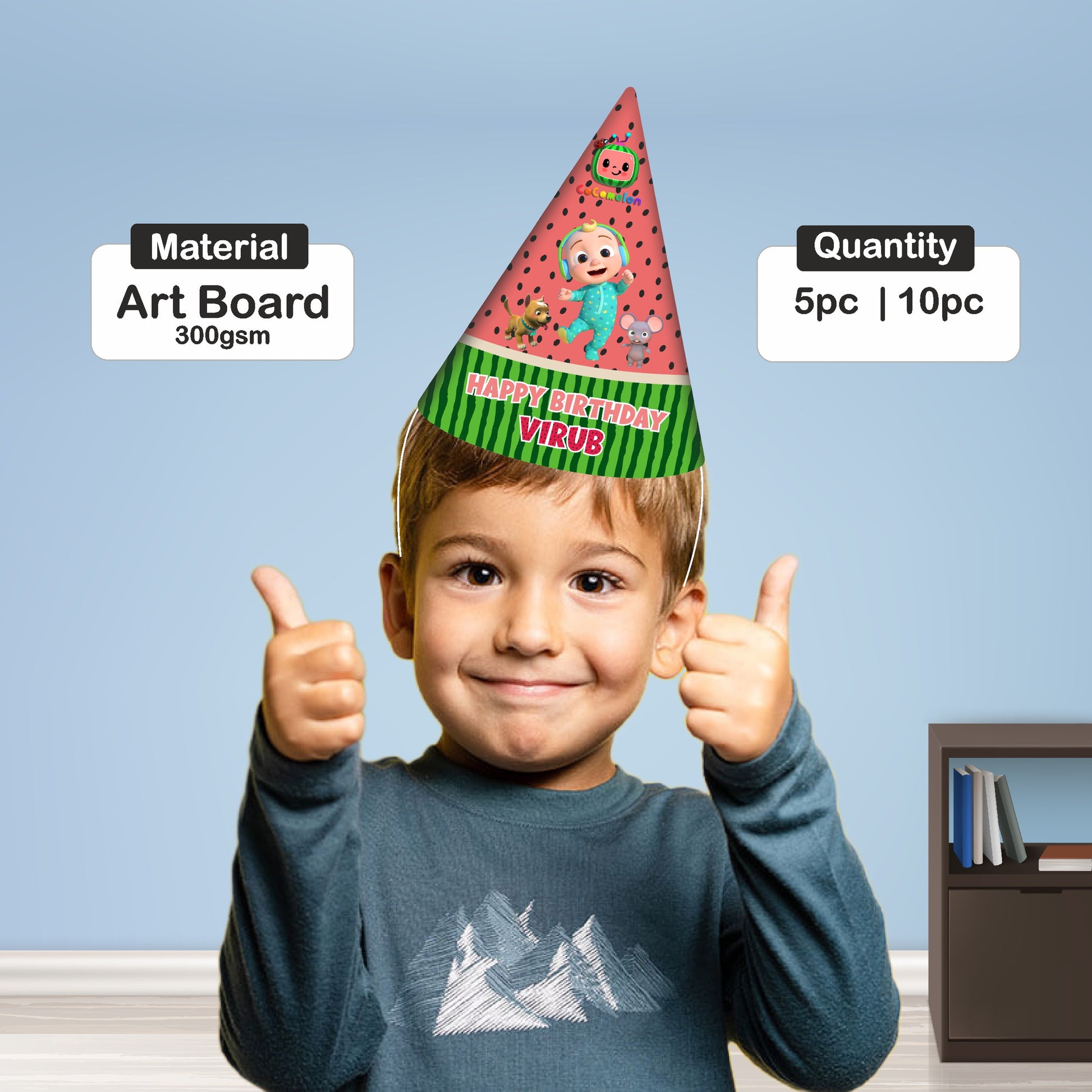 Close-up of personalised Cocomelon custom birthday hat showing child's name and age with iconic classic JJ character artwork on premium 300GSM artboard – BluParty India
