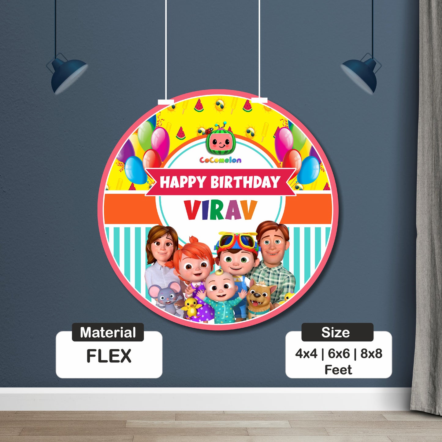 Close-up of personalised Cocomelon custom round birthday backdrop showing child's name and age with full JJ family character artwork on circular premium flex print – BluParty India