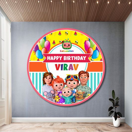Cocomelon custom round birthday backdrop with full JJ Cocomelon family character design on circular flex print, personalised with child's name and age — 3 round sizes from ₹499 – BluParty India