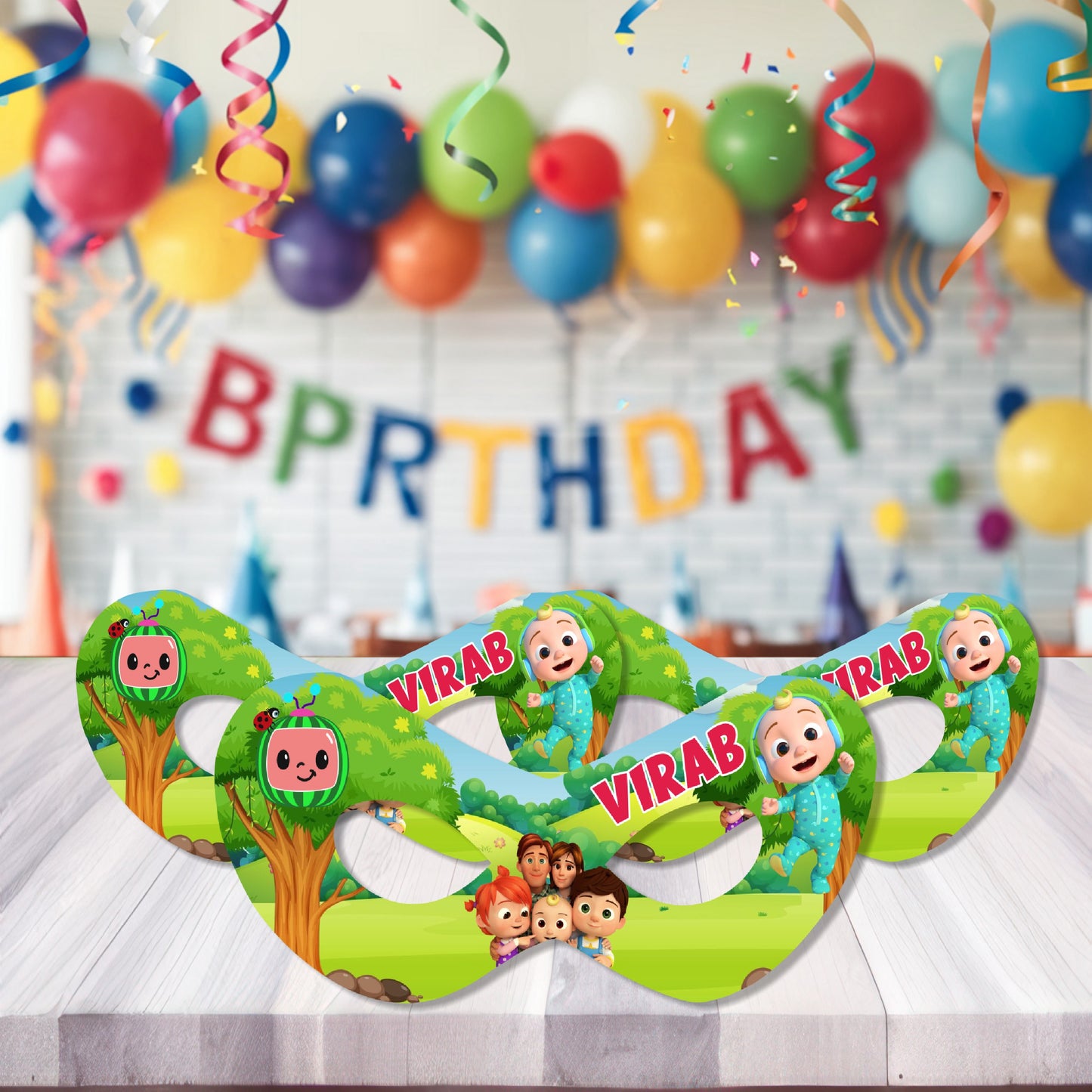 Kids wearing personalised Cocomelon JJ birthday eye masks at a Cocomelon birthday party, showing return gift use as party favour and sleep mask – BluParty India