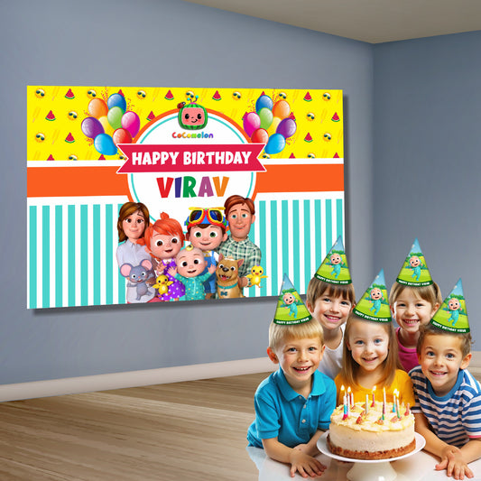 Personalised Cocomelon JJ family birthday backdrop displayed at a 1st birthday party decoration setup, full character cast party banner – BluParty India