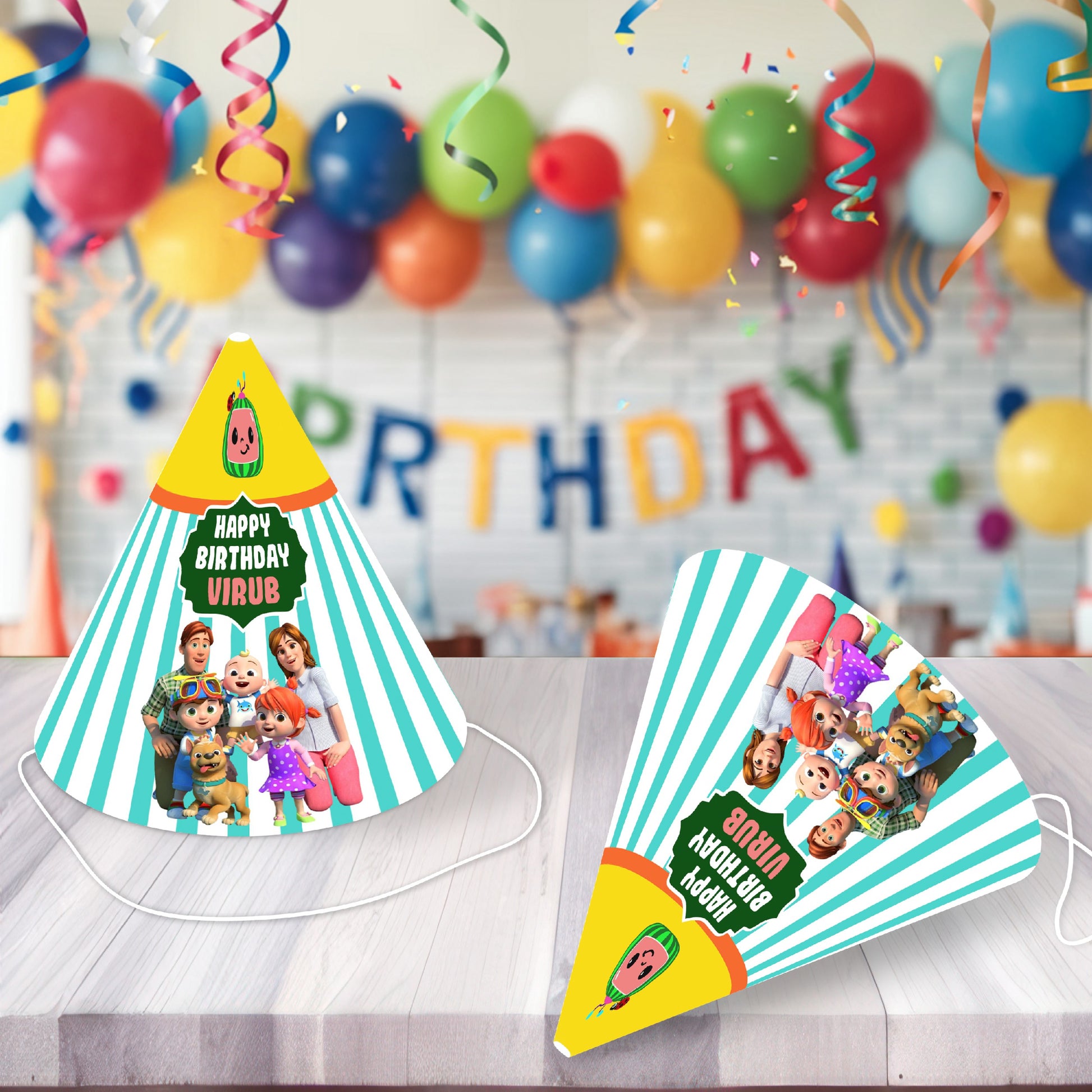 Kids wearing personalised Cocomelon JJ and friends birthday hats at a birthday party, adjustable cone hats as Cocomelon return gifts – BluParty India