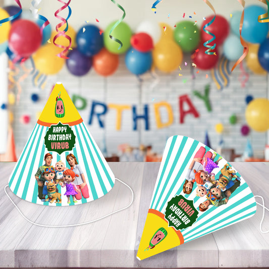 Kids wearing personalised Cocomelon JJ and friends birthday hats at a birthday party, adjustable cone hats as Cocomelon return gifts – BluParty India