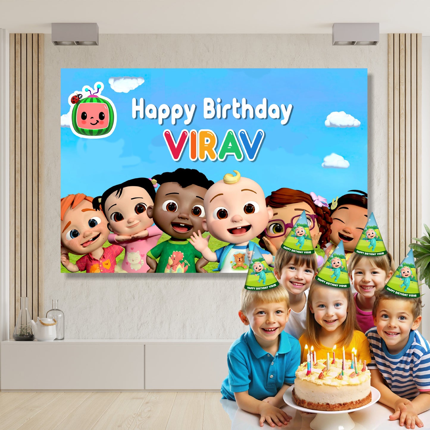 Personalised Cocomelon movie birthday backdrop with watermelon scene design displayed at a birthday party decoration setup, cinematic party banner – BluParty India