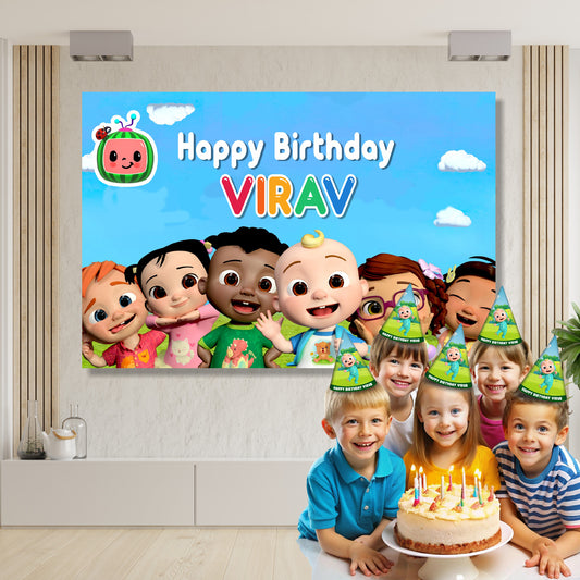 Personalised Cocomelon movie birthday backdrop with watermelon scene design displayed at a birthday party decoration setup, cinematic party banner – BluParty India
