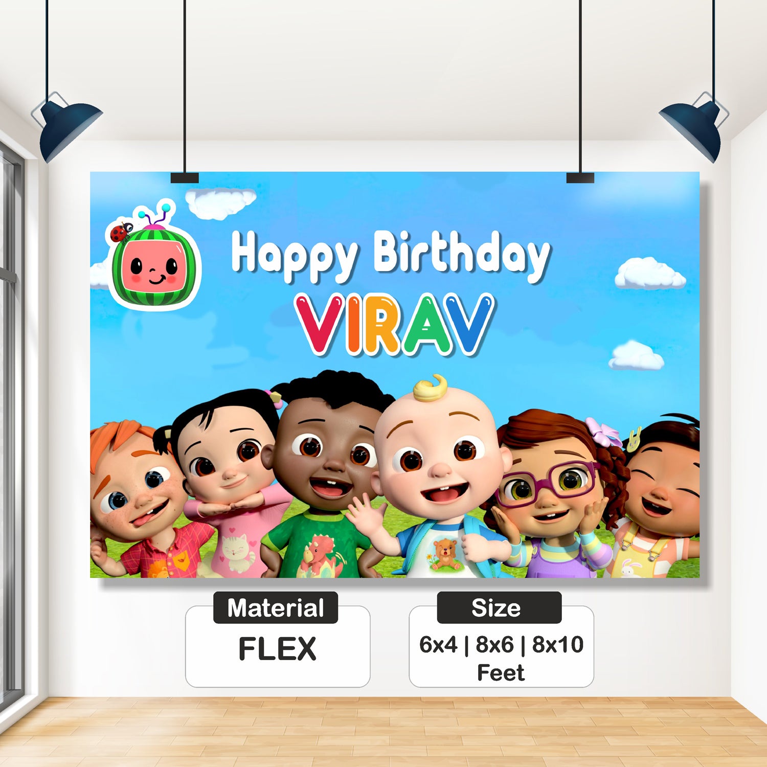 Close-up of personalised Cocomelon movie birthday backdrop showing child's name and age with watermelon scene artwork on premium flex print – BluParty India