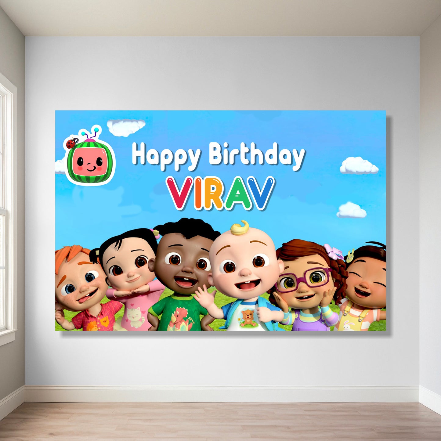 Cocomelon movie birthday backdrop with vibrant watermelon scene design, personalised with child's name and age on premium flex print party banner — 3 sizes from ₹849 – BluParty India