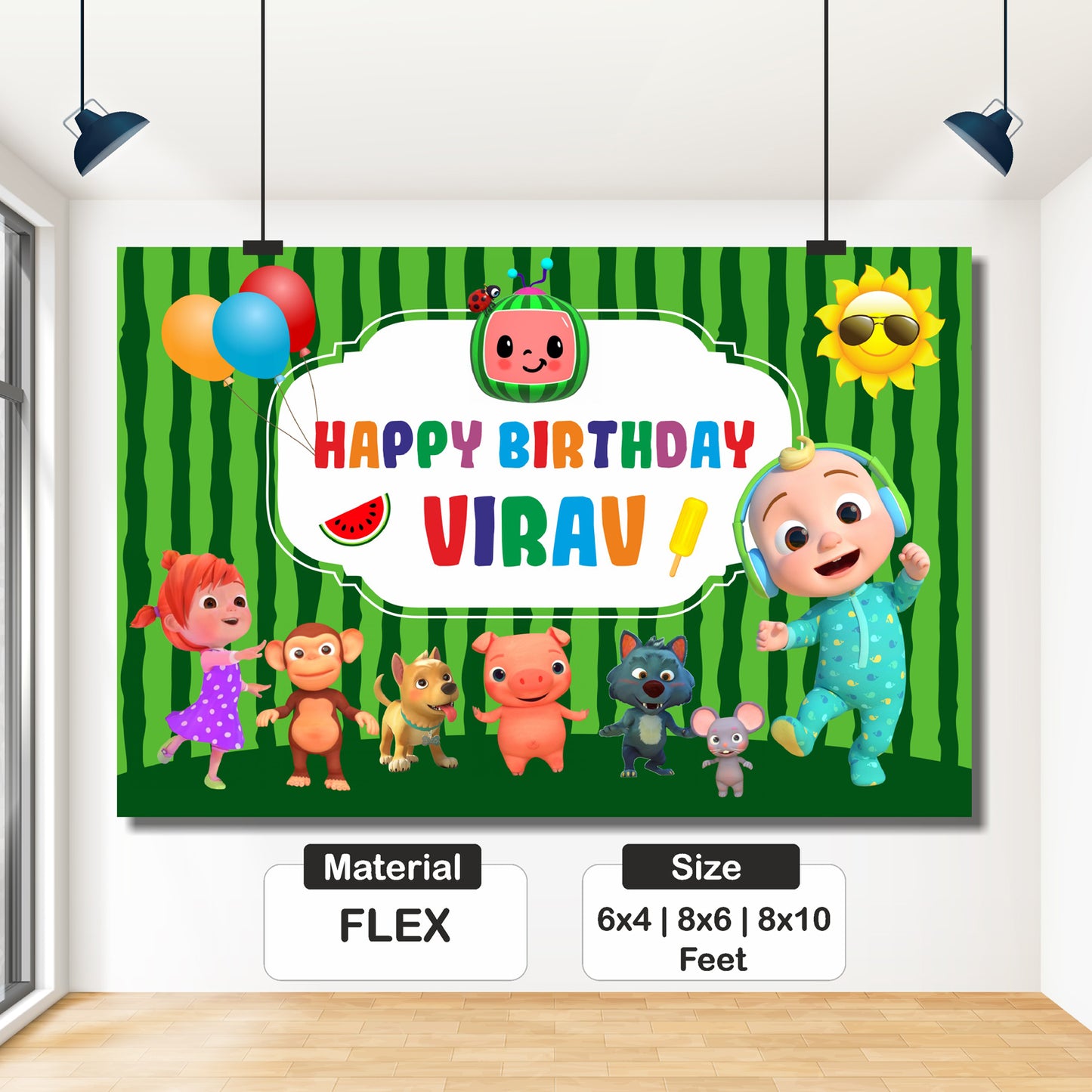Close-up of personalised Cocomelon birthday backdrop showing child's name and age with vibrant nursery scene Cocomelon artwork on premium flex print – BluParty India