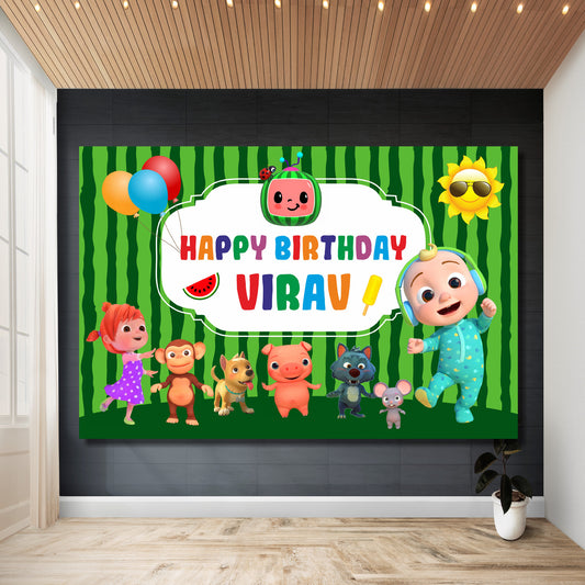 Cocomelon personalised birthday backdrop with child's name and age, vibrant Cocomelon nursery scene design on premium flex print party banner — 3 sizes from ₹849 – BluParty India