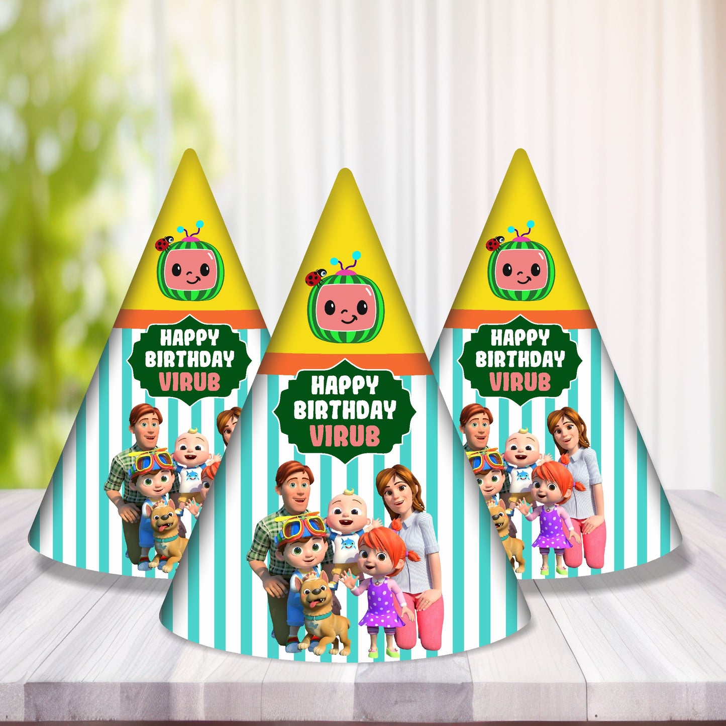 Cocomelon personalised birthday hat with JJ and friends ensemble character design on 300GSM artboard cone hat, custom printed with child's name and age — packs of 5 or 10 from ₹229 – BluParty India