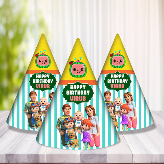 Cocomelon personalised birthday hat with JJ and friends ensemble character design on 300GSM artboard cone hat, custom printed with child's name and age — packs of 5 or 10 from ₹229 – BluParty India