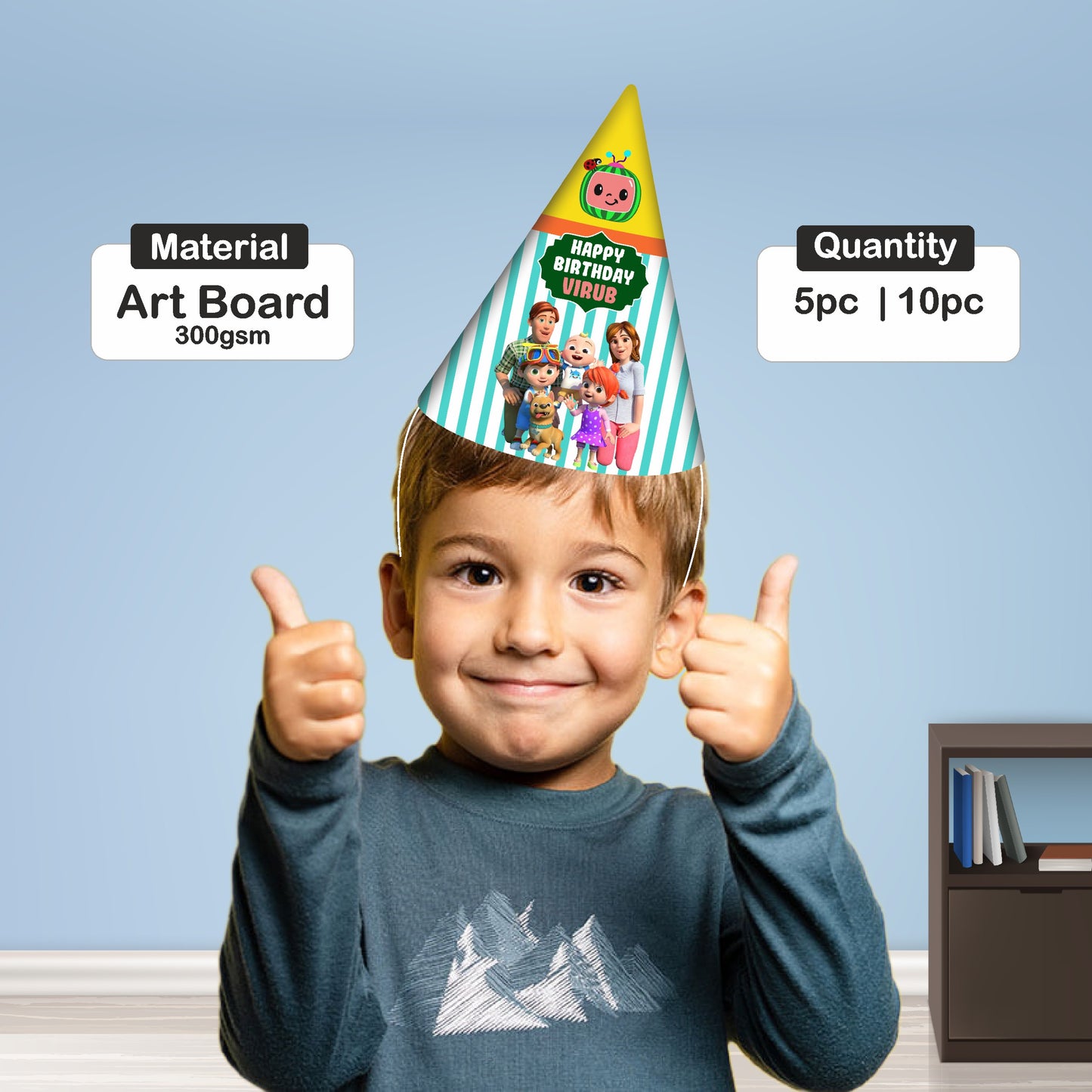 Close-up of personalised Cocomelon birthday hat showing child's name and age with JJ and friends ensemble character artwork on premium 300GSM artboard – BluParty India