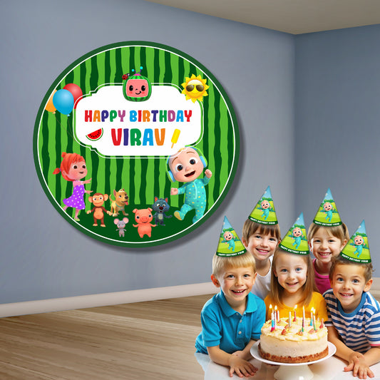Personalised Cocomelon round birthday backdrop with nursery character design displayed at a 1st birthday party decoration setup, circular flex print party banner – BluParty India