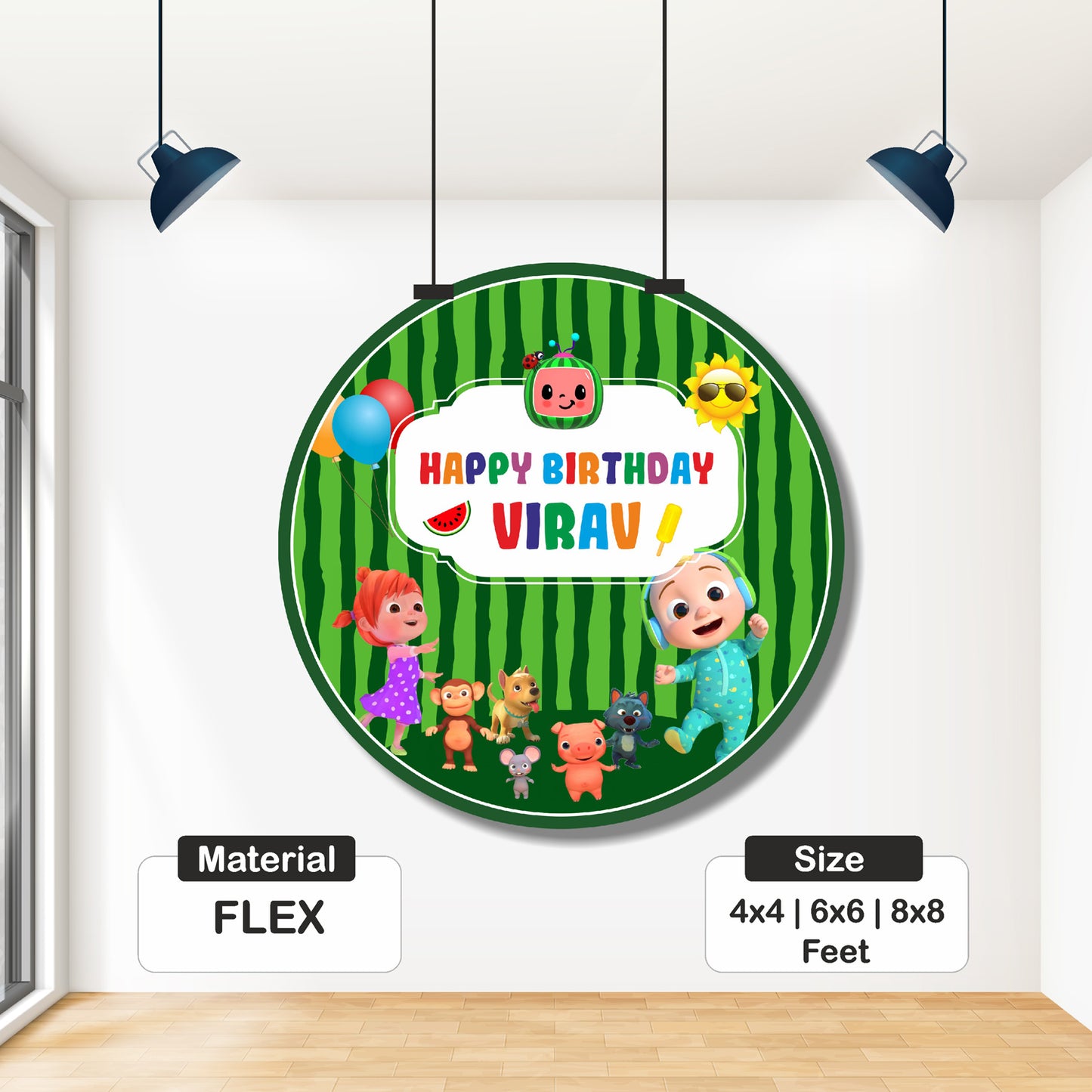 Close-up of personalised Cocomelon round birthday backdrop showing child's name and age with Cocomelon nursery scene artwork on circular premium flex print – BluParty India