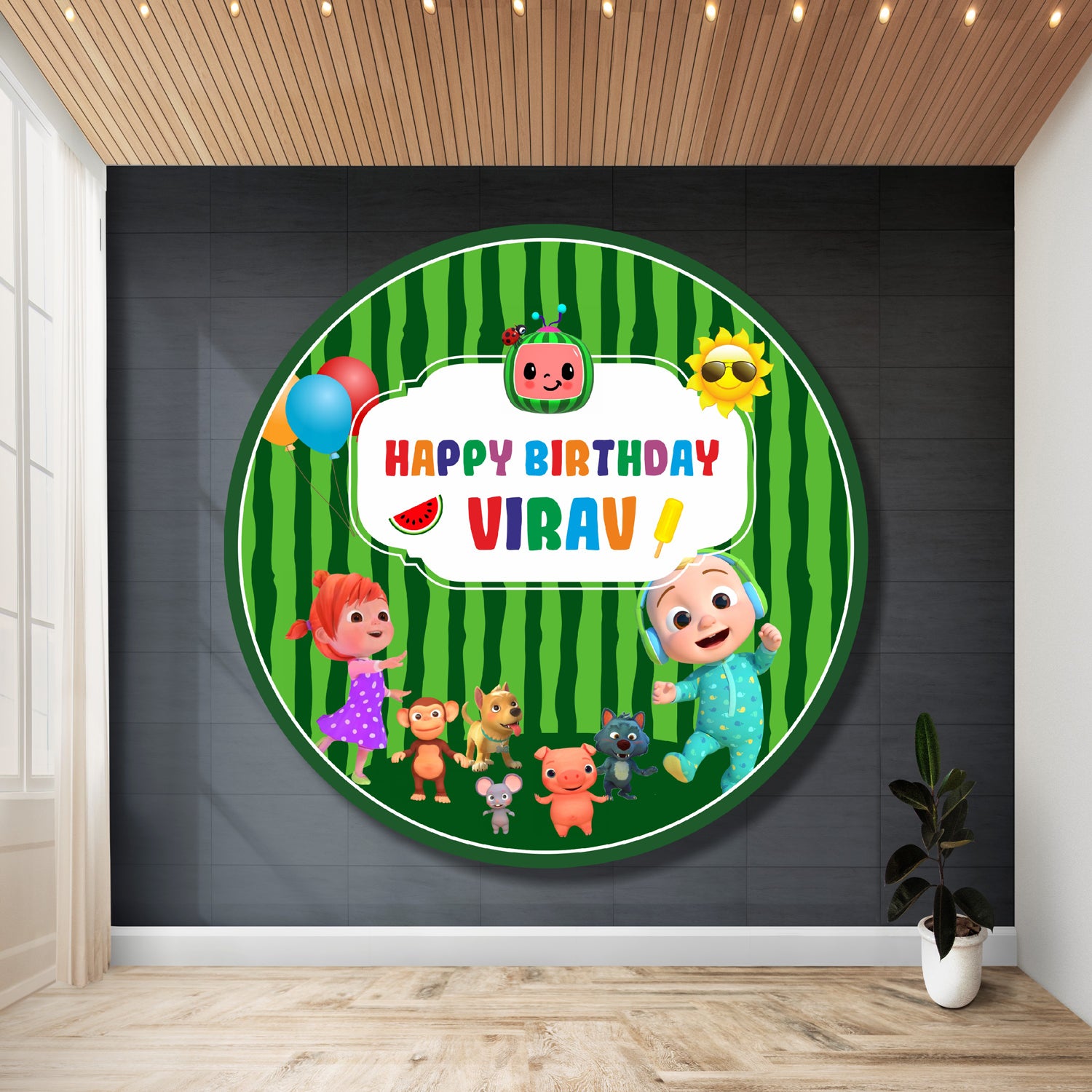 Cocomelon personalised round birthday backdrop with nursery scene design, child's name and age on circular flex print party banner — 3 round sizes from ₹499 – BluParty India