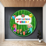 Cocomelon personalised round birthday backdrop with nursery scene design, child's name and age on circular flex print party banner — 3 round sizes from ₹499 – BluParty India