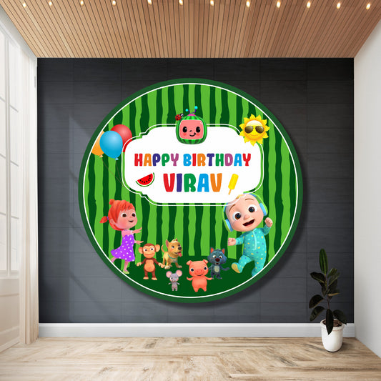 Cocomelon personalised round birthday backdrop with nursery scene design, child's name and age on circular flex print party banner — 3 round sizes from ₹499 – BluParty India
