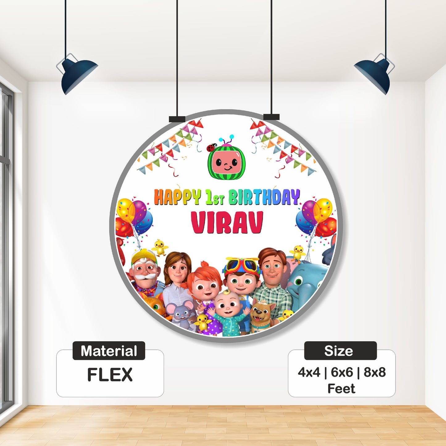 Close-up of personalised Cocomelon birthday round backdrop showing child's name and age with Cocomelon character artwork on circular premium flex print – BluParty India