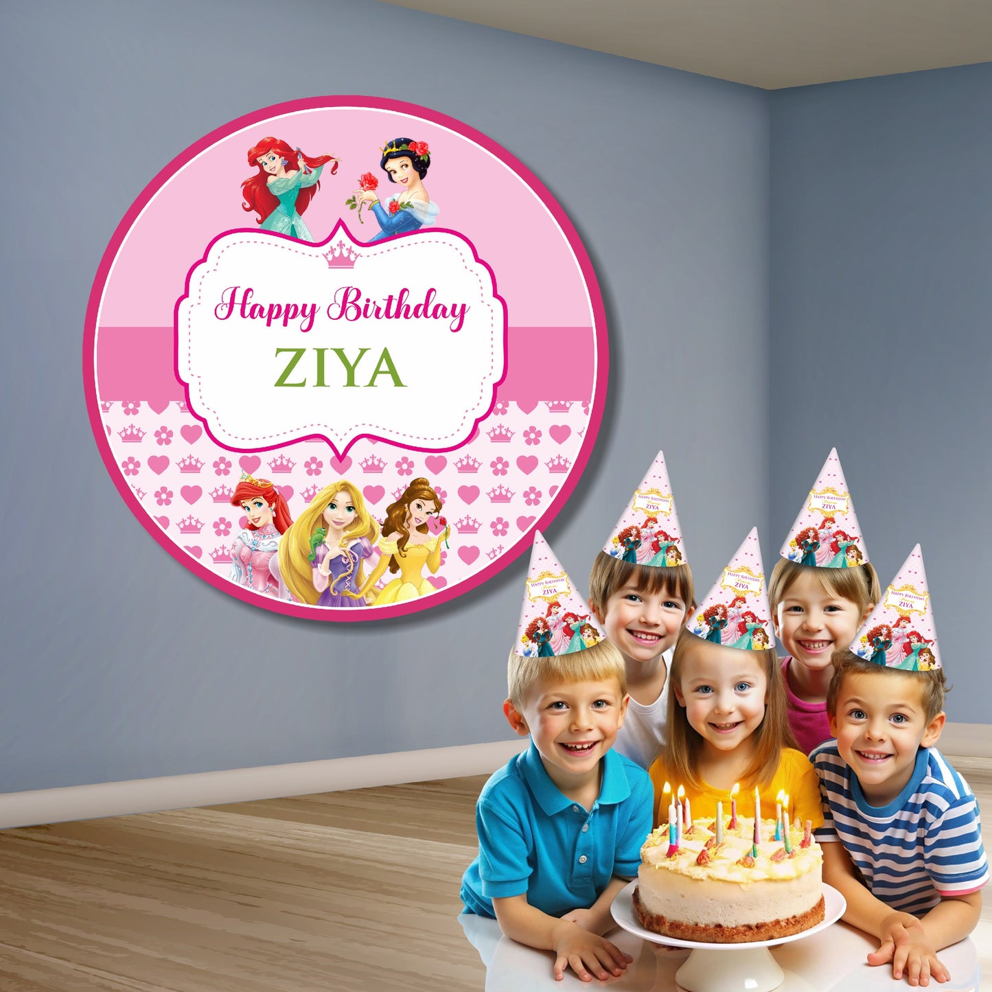 Custom design princess circle birthday banner personalized with child name available in 4x4 6x6 and 8x8 feet for party decoration India
