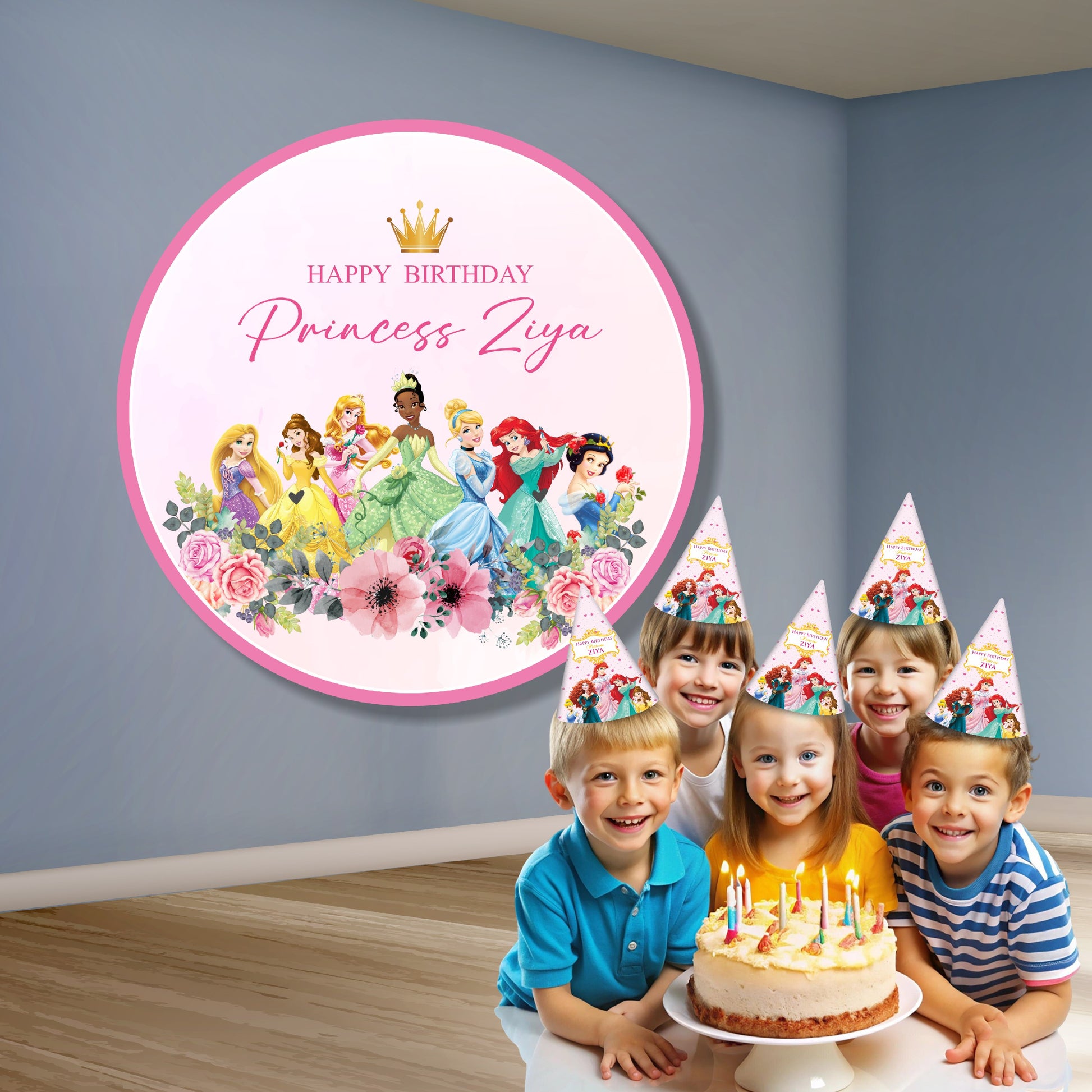 Custom princess circle birthday banner with baby name and photo available in 4x4 6x6 and 8x8 feet for photo booth and cake table decoration